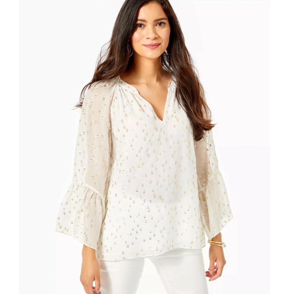 Lilly Pulitzer Matilda Top Silk Gold Metallic Clip Dot Cream Ruffle Blouse- XL